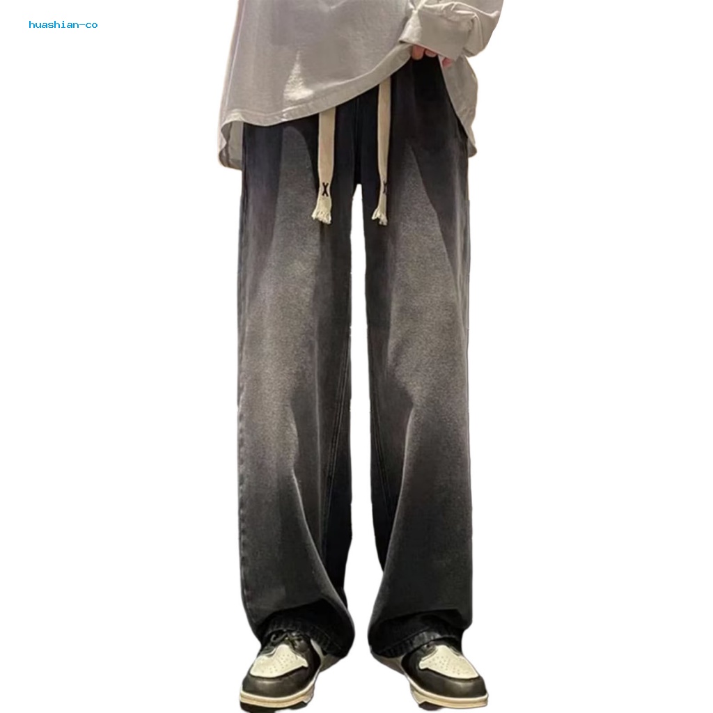 Huashian Quần Jean Dây Rút Lưng Thun Ống Rộng Màu gradient Phong Cách hip hop Đường Phố Cho Nam
