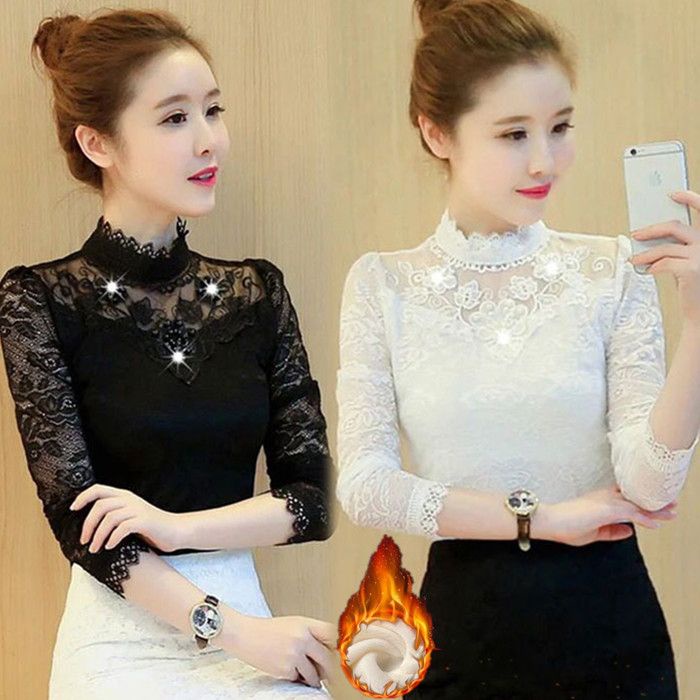 Áo Kiểu Tay Dài Phối Ren Mỏng / Dày Dặn Phong Cách Hàn Quốc Thời Trang Xuân Thu Mới Cho Nữ