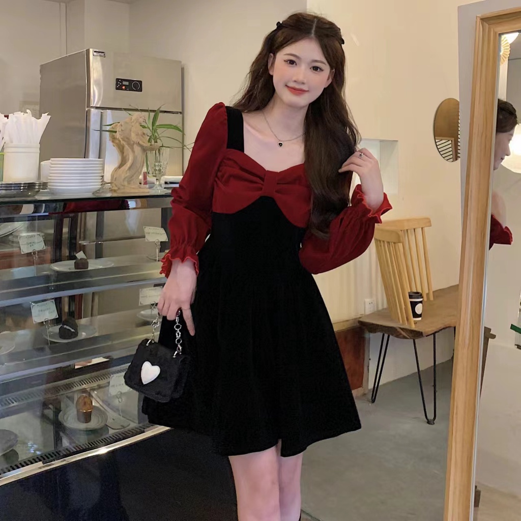 Chân Váy Nhung Lưng Cao Đính Nơ Phong Cách Giáng Sinh Năm Mới Thời Trang Thu Đông Cho Nữ