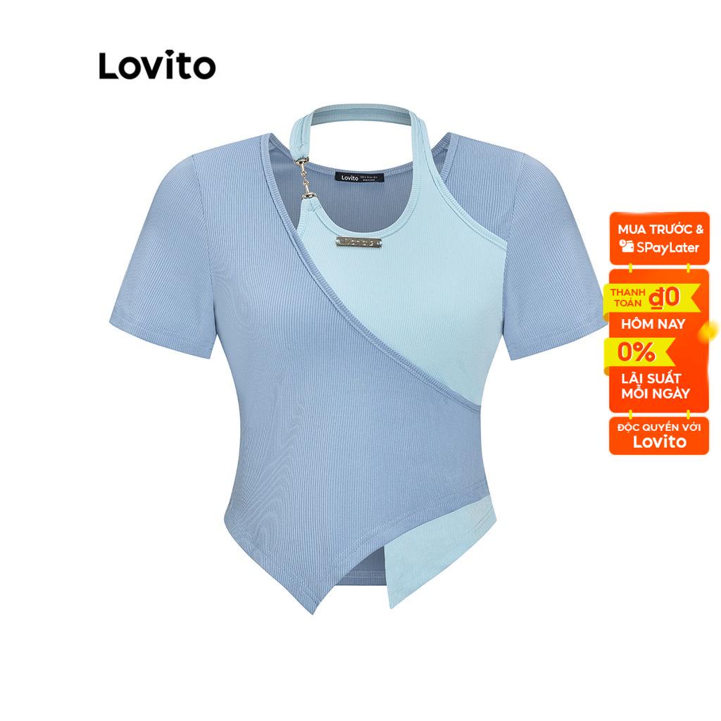 Áo thun Lovito tay ngắn ghép nối màu sắc phối xích màu trơn thường ngày cho nữ LNE05116 (màu xanh dương)