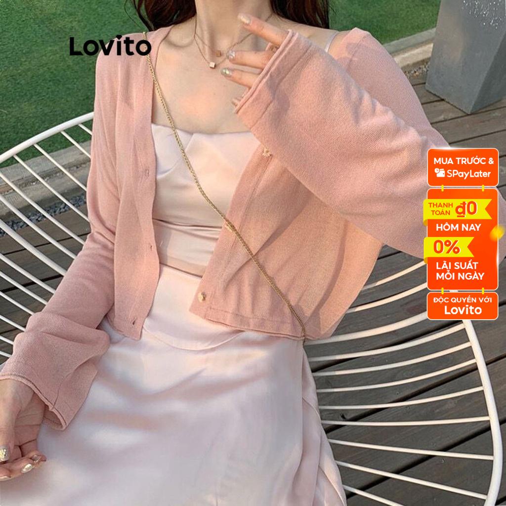 Áo cardigan Lovito tay dài cổ tròn họa tiết hoa màu trơn thanh lịch cho nữ LNE09063 (Trắng/Hồng)