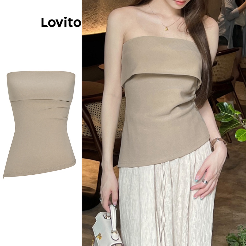 Áo sát nách Lovito phối khóa kéo màu trơn thường ngày cho nữ L64AD068 (Màu kaki)