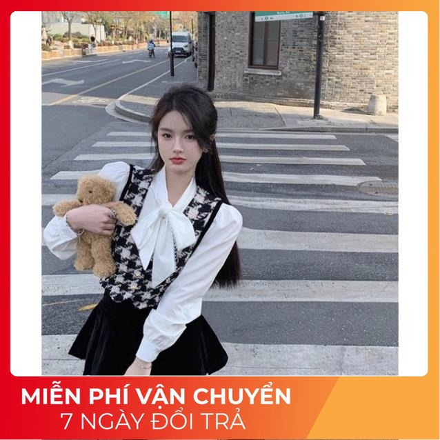 BS21 Bon Store Set Dạ 2 Món Áo Gile Kẻ Liền Sơ Mi Trong Siêu Dễ Thương phong Cách Hàn Quốc Có Ảnh Thật