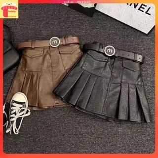 Chân váy da bé gái lót lông nhung, Váy xếp ly cho bé 2-8 tuổi 2 túi trước kèm thắt lưng kiểu dáng thời trang