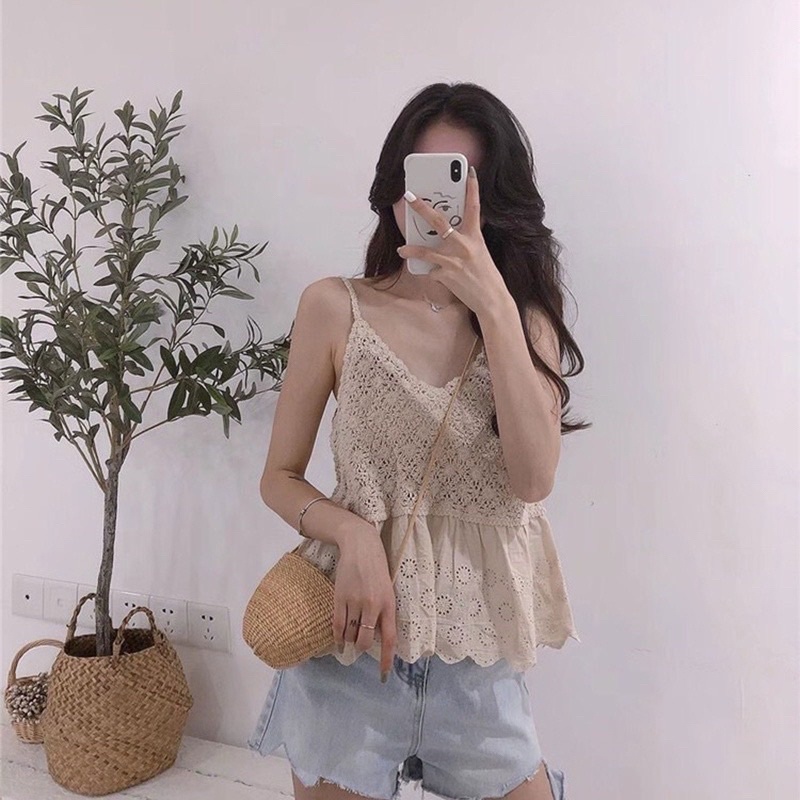 Áo 2s babydoll len móc phối vải boi thoáng mát, áo 2 dây nữ mùa hè đi biển hàng QC