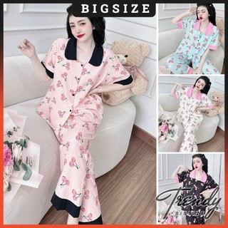 Đồ Bộ Nữ Quần Dài Tay Ngắn Mặc Nhà Bigsize 50-100kg, Đồ Ngủ Pyjama Chất Lụa Nhật Cổ Sen Trendy 50-100kg TN102