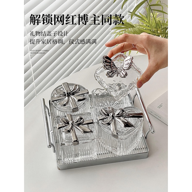 Hũ đựng mứt Tết 2024 thủy tinh kèm khay kim loại, Đĩa trái cây thủy tinh 4 ngăn cao cấp có nắp đậy - Mã: BK49