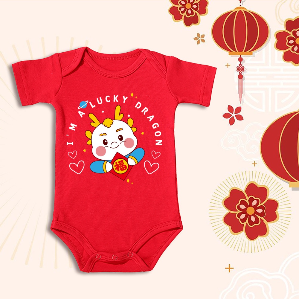 Áo Liền Quần Ngủ Tay Ngắn Cổ Tròn Bằng Vải cotton In Hình Rồng Năm Mới 2024 Cho Bé Sơ Sinh