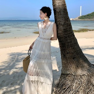 Yunnanan Đầm Ren Rỗng Màu Trắng Thiết Kế Mặc Khi Đi Biển Công Nghiệp Nặng 2023