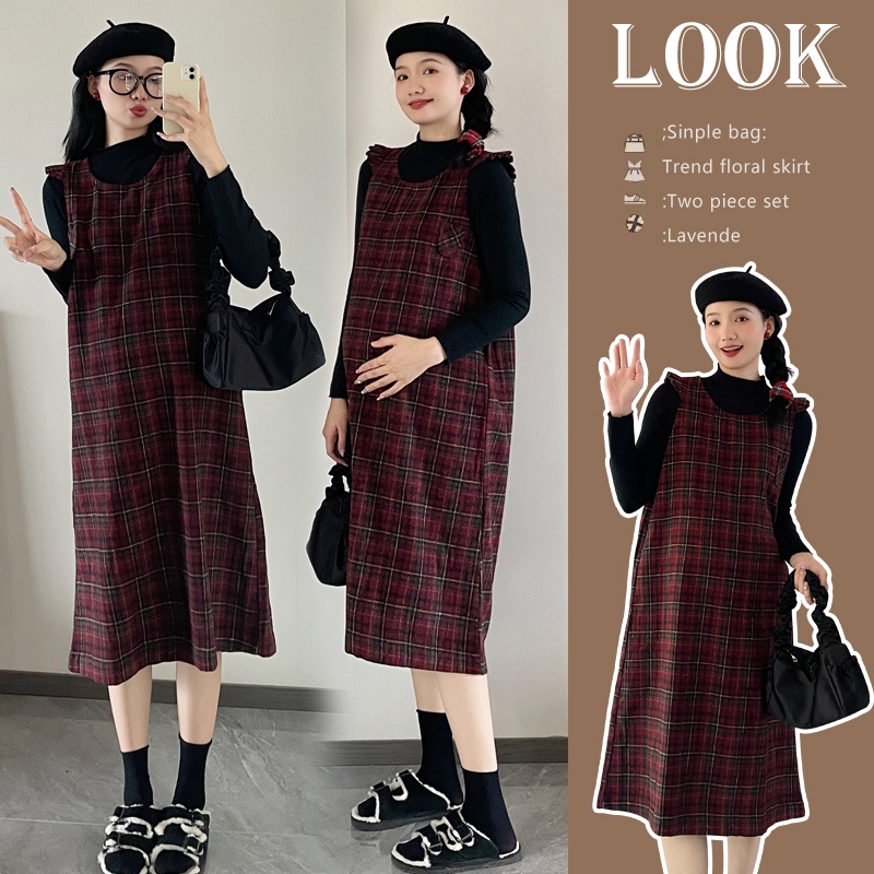 Sugemiusi Set Áo Len Không Tay Và Váy Caro Phong Cách Mới Cho Mẹ Bầu