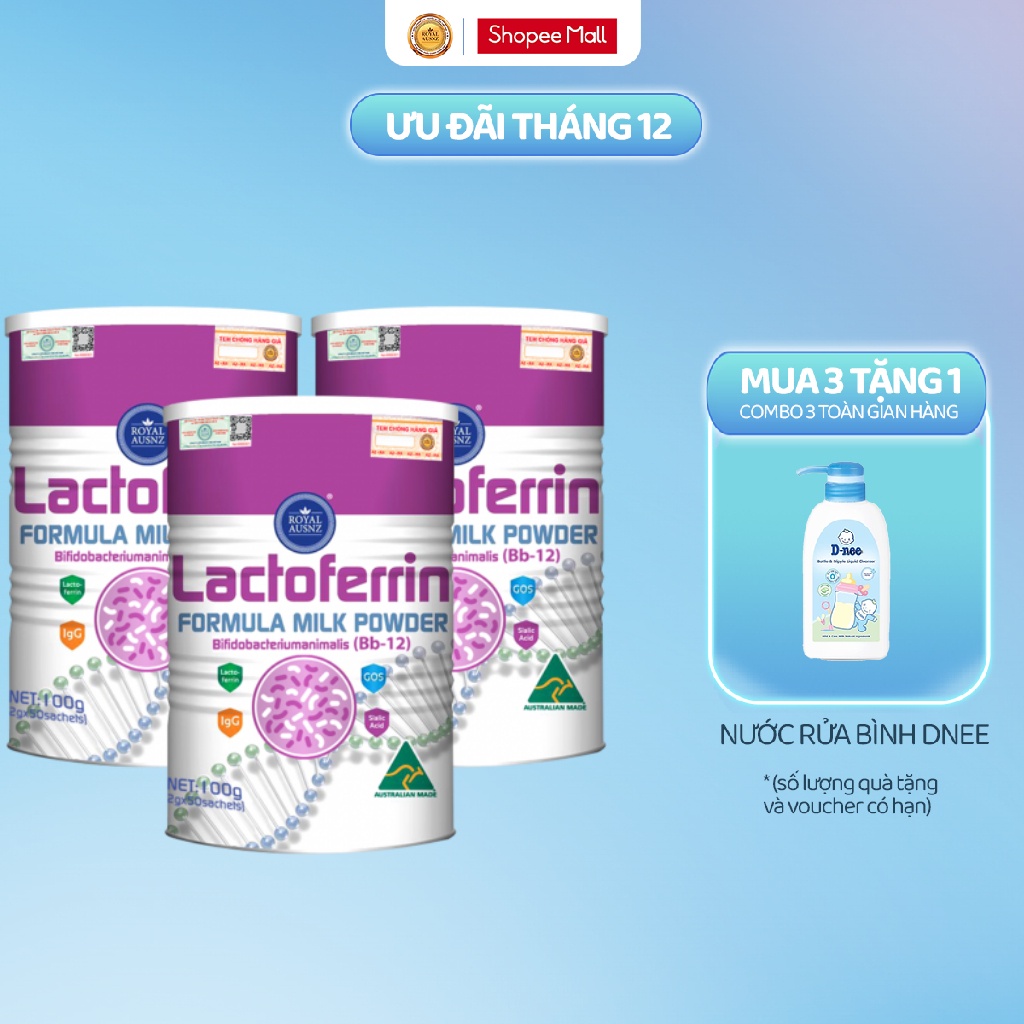 Combo 3 Hộp Sữa Bột ROYAL AUSNZ Lactoferrin Formula Milk BB-12 Tăng Cường Sức Đề Kháng Cho Trẻ 100g/hộp