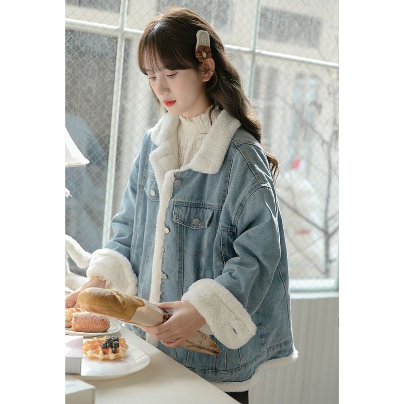 【Bess's house】áo khoác jean，áo khoác mùa đông nữ，áo dạ，áo khoác nữ，Áo Khoác denim Lót Lông Màu Xanh 