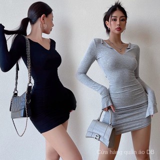 Đầm Ôm Tay Dài Cổ Chữ V Màu Đen Trơn Thời Trang Mùa Thu Cho Nữ