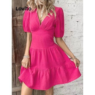Đầm Lovito xếp ly màu trơn thường ngày cho nữ LNE27096 (màu hồng chói)