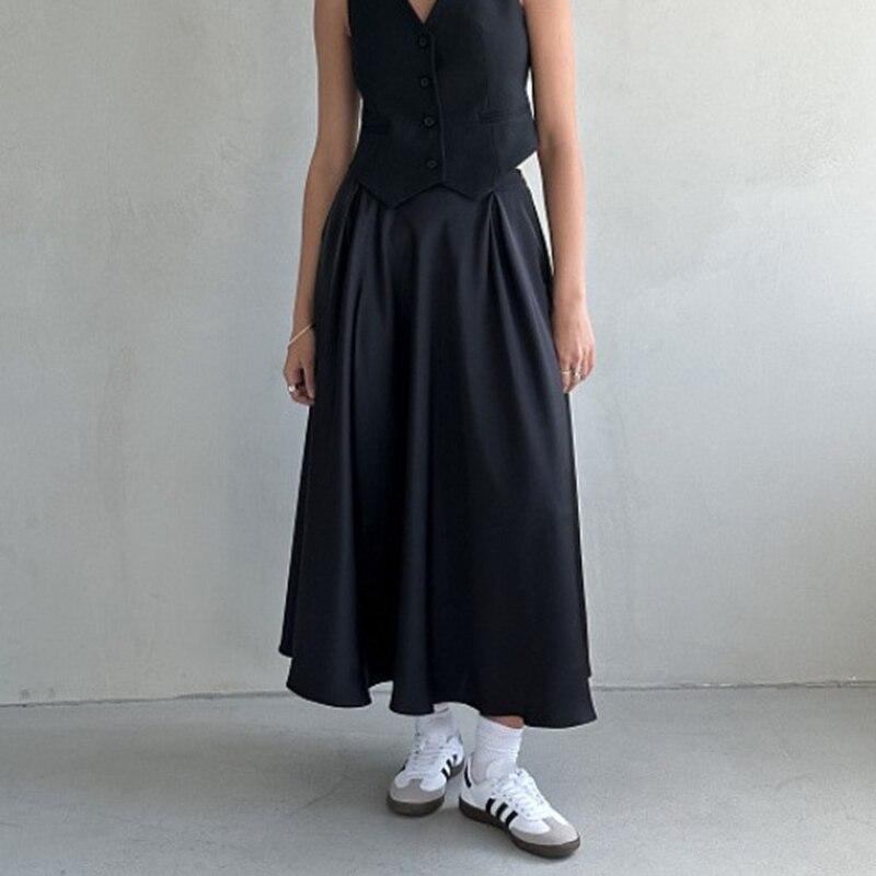 Qooth Nữ Tính Khí Satin Chữ A Váy Mỏng Thanh Lịch Co Giãn Dài Váy Xuân Hè QT2223