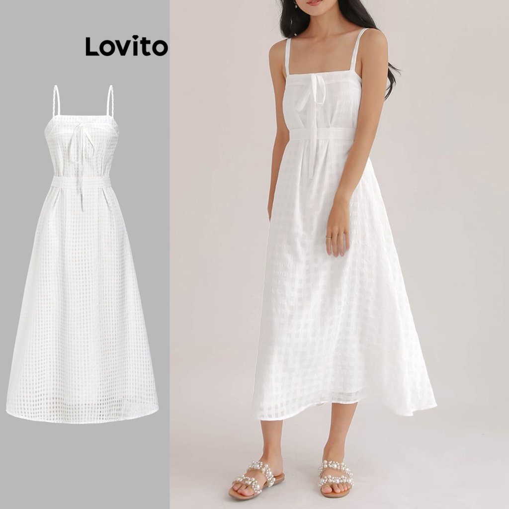 Đầm Lovito vải jacquard cột dây phối thắt lưng màu trơn thường ngày cho nữ L62ED147 (màu trắng)