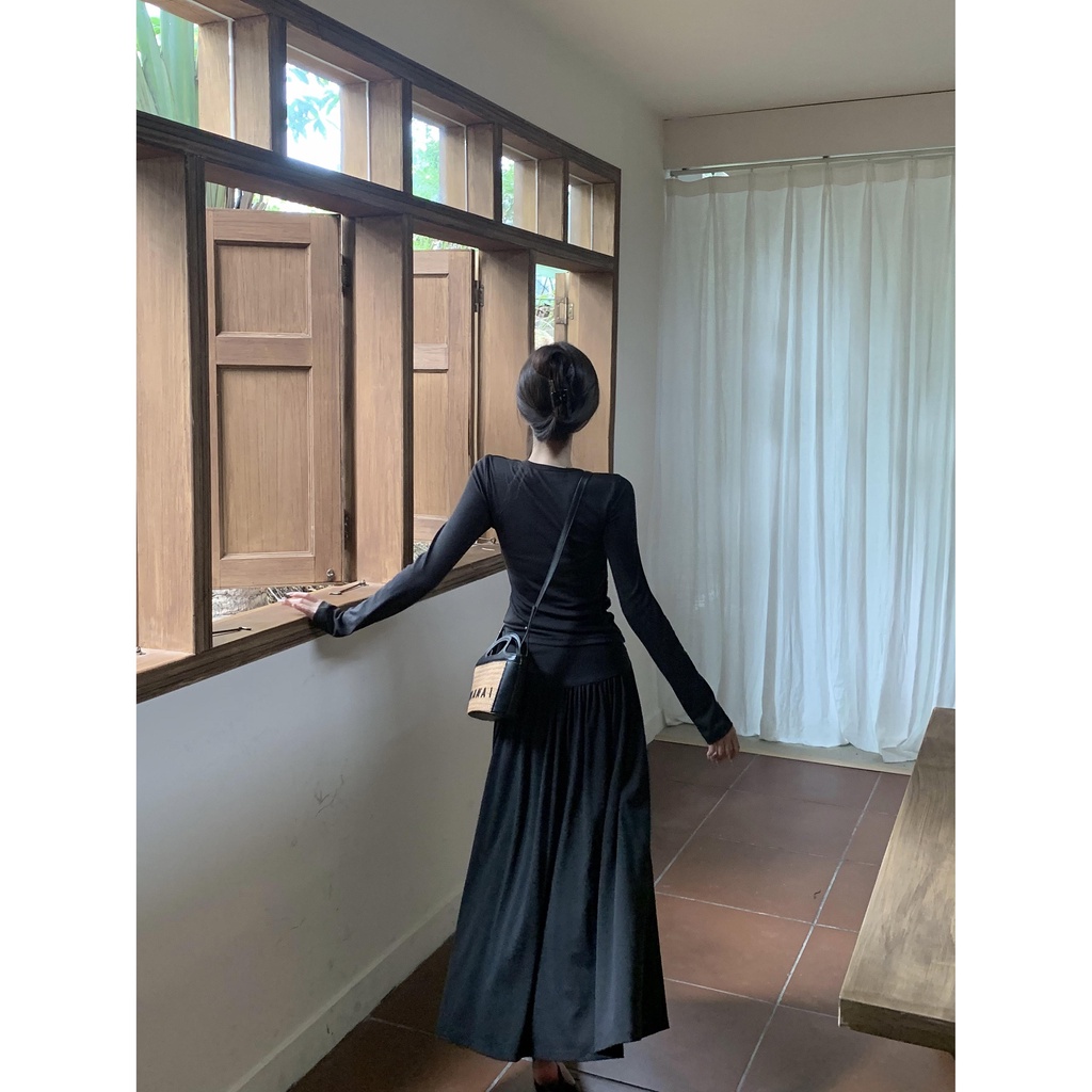 Set Áo Thun Dài Tay + Chân Váy Dài Lưng Cao Thời Trang Nữ 3n
