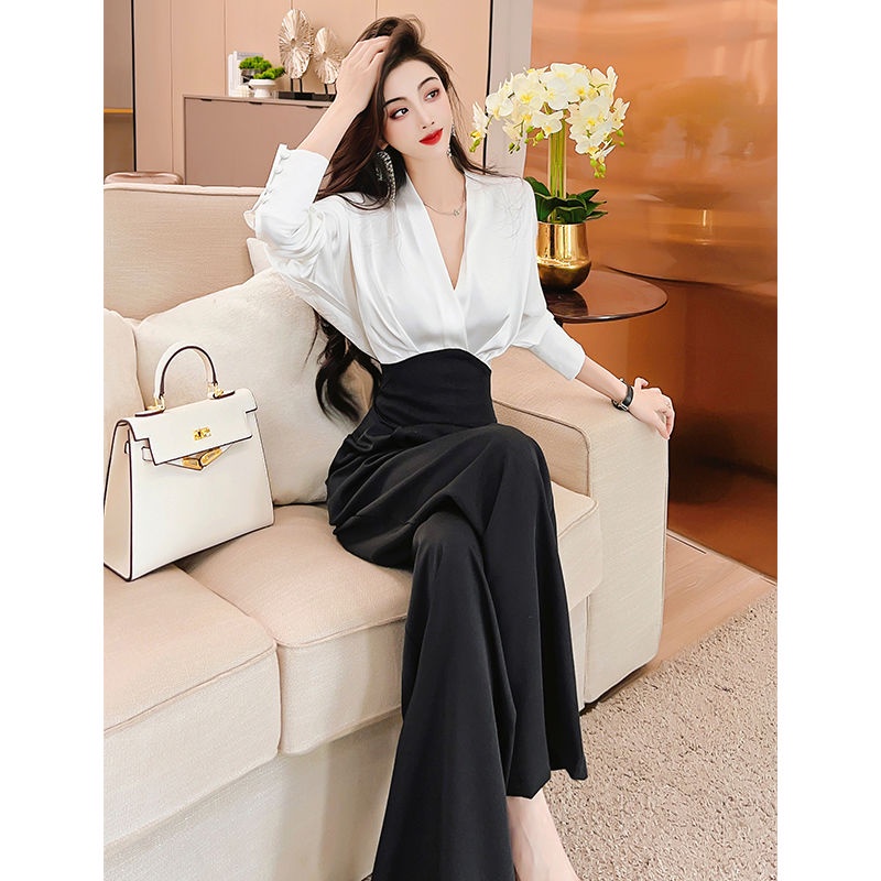 Korean style elegant jumpsuit spring new women's high waist all-match straight wide leg jumpsuit