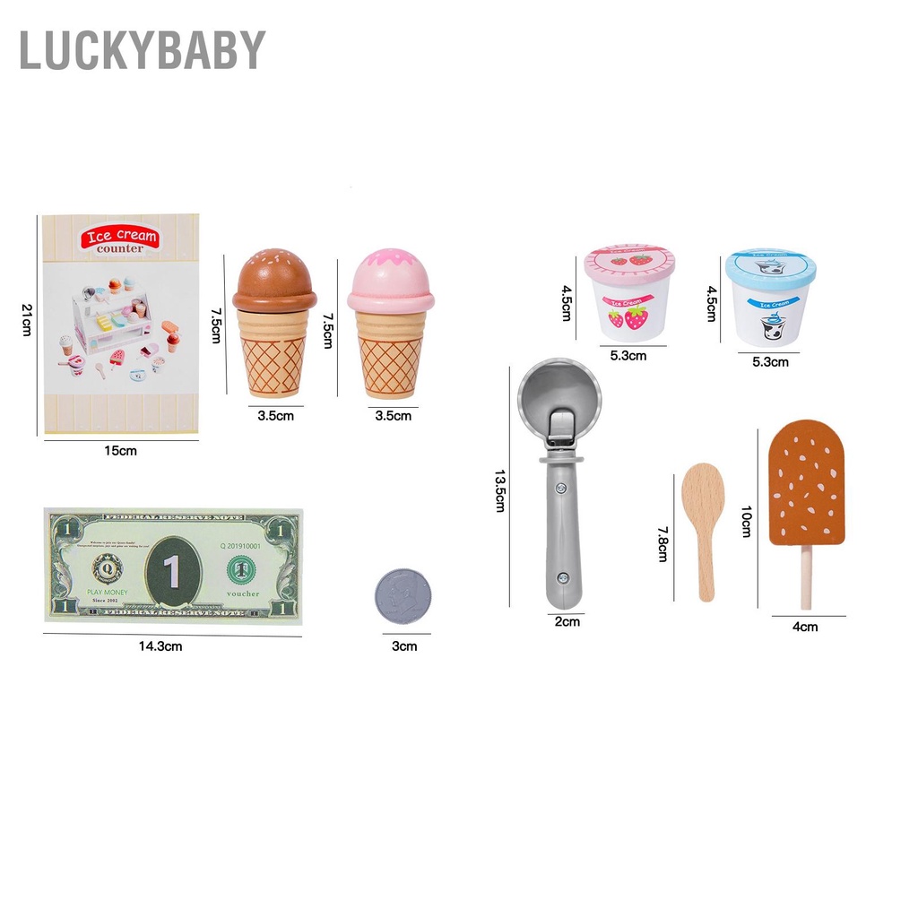 LUCKYBABY Đồ chơi làm kem bằng gỗ Quầy Playset Giáo dục Nhập vai tương tác Bộ đồ dành cho trẻ em