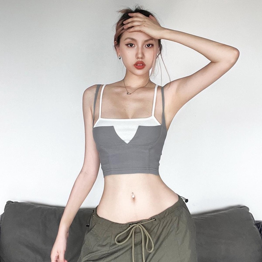 Áo kiểu 2 dây nữ DaaLaa Store dáng ôm, phong cách chấp vá cá tính A5874