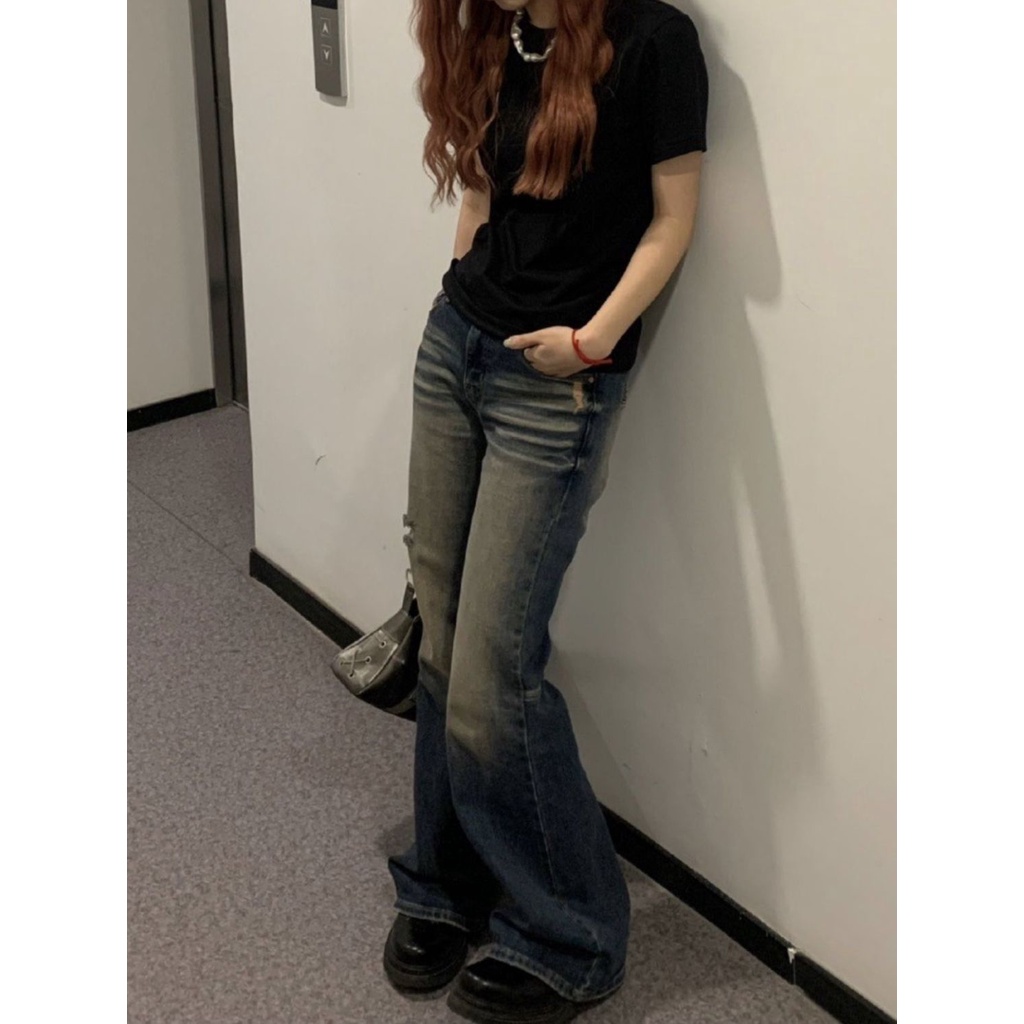 Thiết Kế Quần denim Dài Ôm Dáng Xếp Nếp Eo Thấp Xuyên Thấu retro Cho Nữ