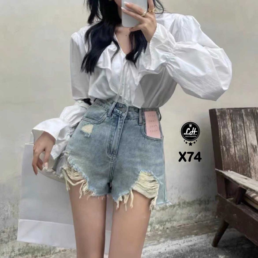 Quần short jean nữ màu xanh rách lai tag hồng cạo cao đơn giản Lê Huy Fashion MS X74