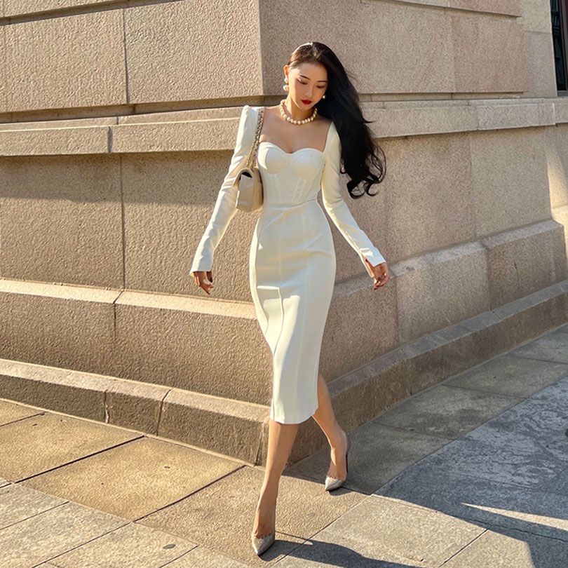 Đầm Dài Cổ Vuông Tay Dài Màu Đen Phong Cách hepburn Pháp Thời Trang Mùa Thu 2023