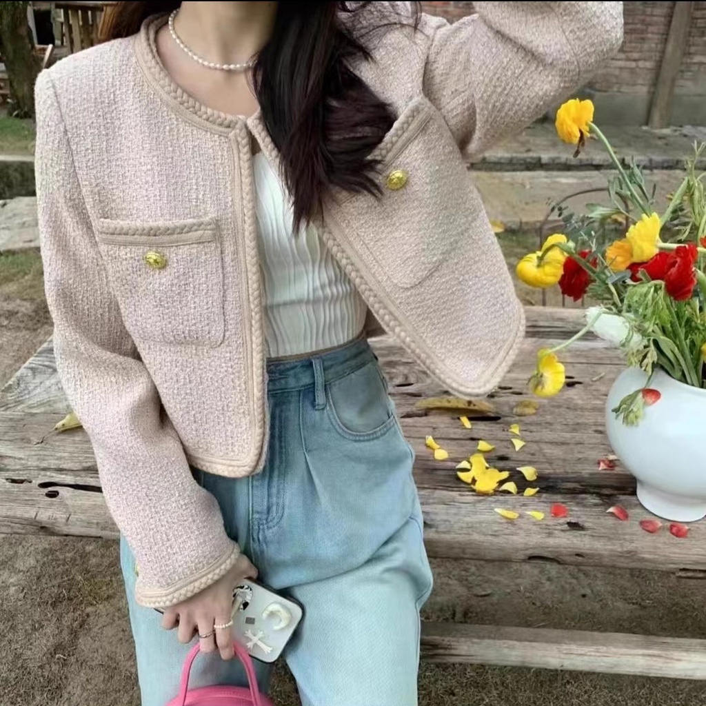 Áo Khoác Vải tweed Cổ Tròn Dáng Rộng Màu Hồng Phối Bèo Phong Cách Pháp Thời Trang Mùa Thu Cho Nữ