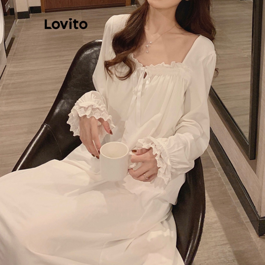 Lovito Váy ngủ ren trơn thông thường cho nữ LNA27268 (Trắng)