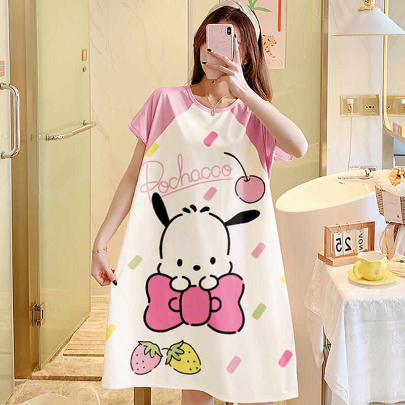 Kuromi Đầm Ngủ Ngắn Tay Dáng Rộng In Họa Tiết Hoạt Hình Dễ Thương Thời Trang Mùa Hè Cho Nữ