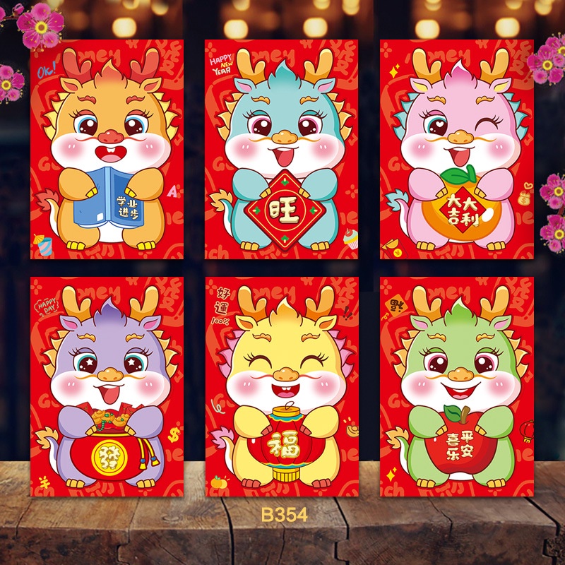 Set 6 Bao Lì Xì Năm Mới 2024 Họa Tiết Rồng Đỏ Phong Cách angpao