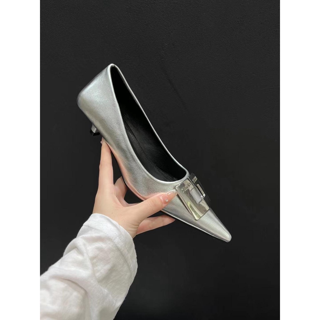 Giày Cao Gót Mũi Nhọn Khóa Kim Loại Kiểu Mới Mùa Thu 2023 Cho Nữ