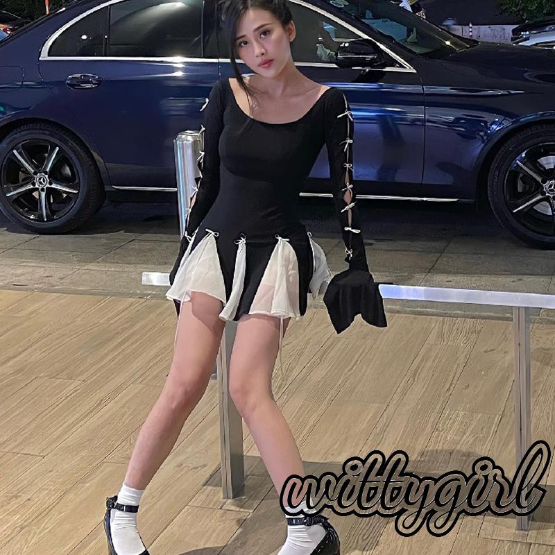 Đầm mini Dài Tay Thắt Nơ Màu Sắc Tương Phản Thời Trang Đi Biển Cho Nữ