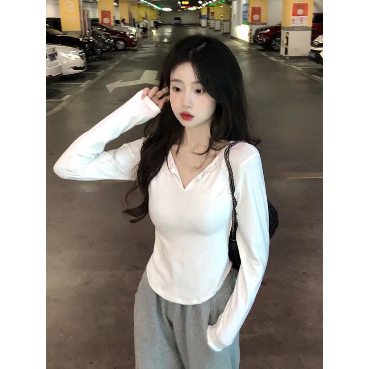 Áo Thun Nữ Tay Dài Cổ Chữ v Màu Trơn