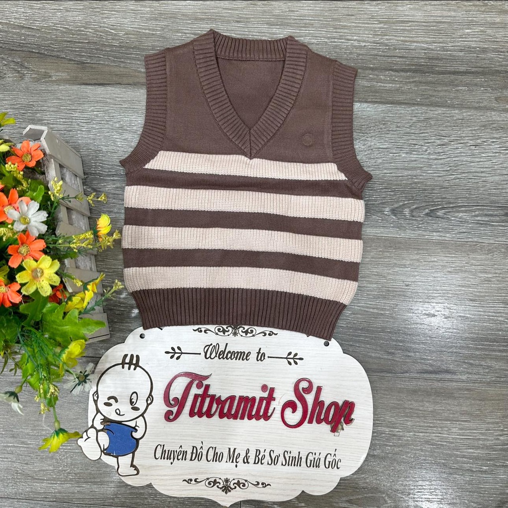 Áo gile len quảng châu cổ tim kẻ cho bé trai bé gái mặc thu đông