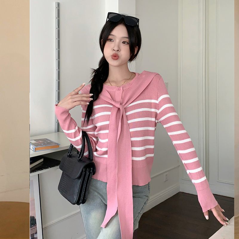 Áo Thun Tay Dài Giả Hai Lớp Họa Tiết Sọc Ngang Thời Trang Dành Cho Nữ