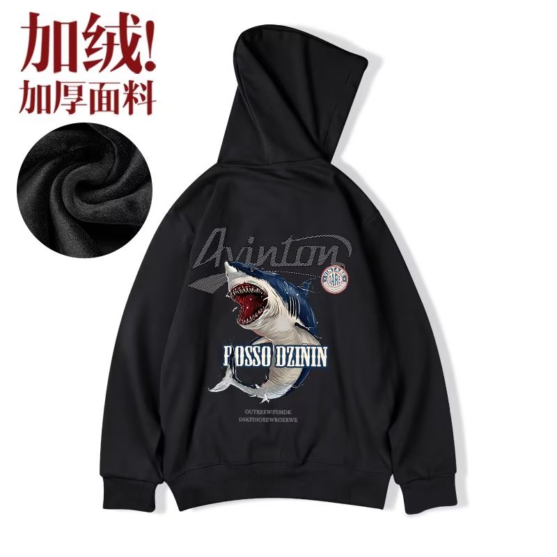 M-8XLáo khoác nam hoodie Cotton Nhung Dày Dặn Tay Dài In Hoạt Hình Cá Mập Kiểu retro Mỹ Thời Trang Mùa Thu Cho Nam Unisex