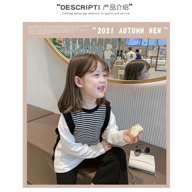 Áo Thun Dài Tay Giả Hai Lớp Họa Tiết Kẻ Sọc Thời Trang Xu Hướng Mới Cho Bé Gái