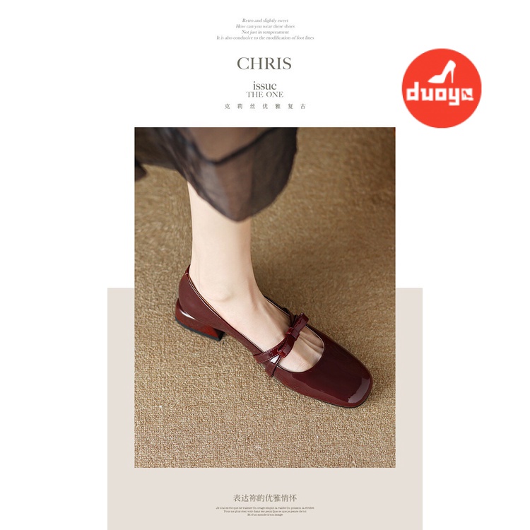 Duooya hair Thẳng ~  Giày mary jane Gót Dày Thấp Bằng Da Bóng Đính Nơ Mùa Xuân Thu Cho Nữ Miễn Phí Vận Chuyển