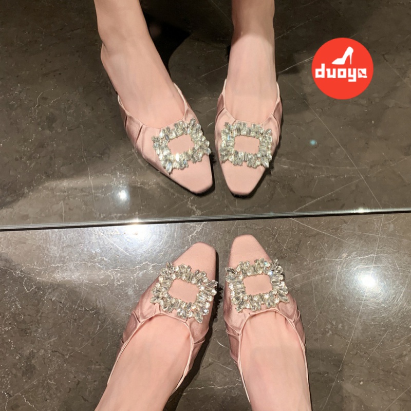 Duoya Dép Bít Mũi Vuông Bằng Satin Đính Đá Thời Trang Cho Nữ
