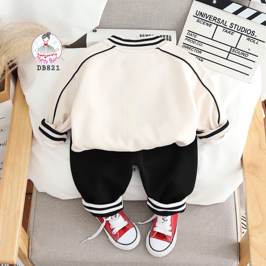 Đồ bộ 3 món dài tay khoác kem R áo thun trắng tay dài thun cotton phối áo khoác và quần chất nỉ [MyMyBaBy DB821