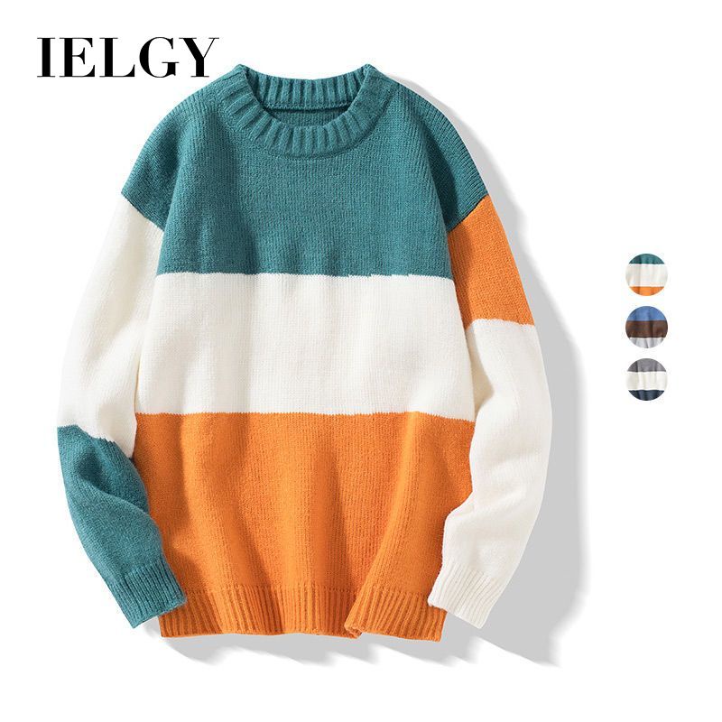 Ielgy Áo sweater Dệt Kim Dày Cổ Tròn Họa Tiết Kẻ Sọc Phong Cách Hàn Quốc Thời Trang Cho Nam