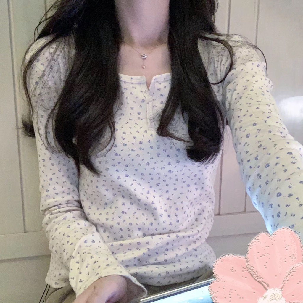 Áo Thun Nữ Tay Dài Cổ Tròn Cài Nút Họa Tiết Hoa Thời Trang Mới