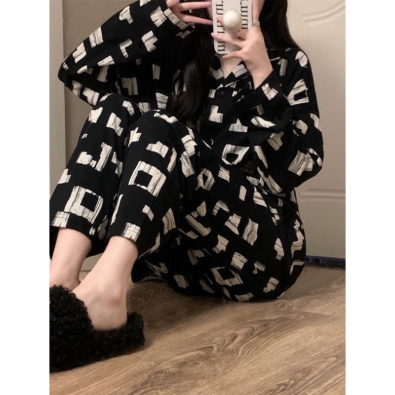 YAMI Bộ Đồ Ngủ Tay Dài In Họa Tiết Hình Vuông Đơn Giản Thời Trang Xuân Thu Dành Cho Nữ