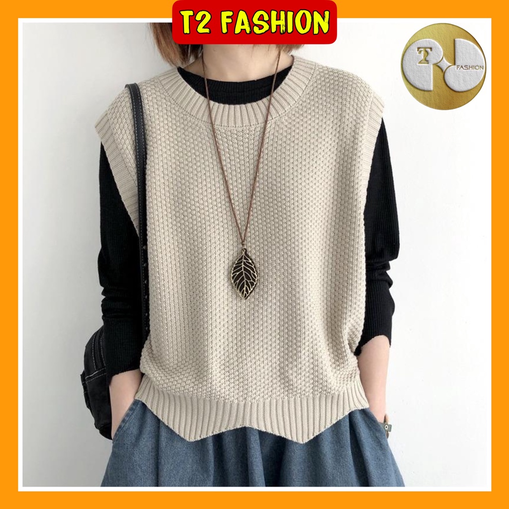 Áo len gile mặc Vest cổ tròn đuôi áo rích rắc 20027