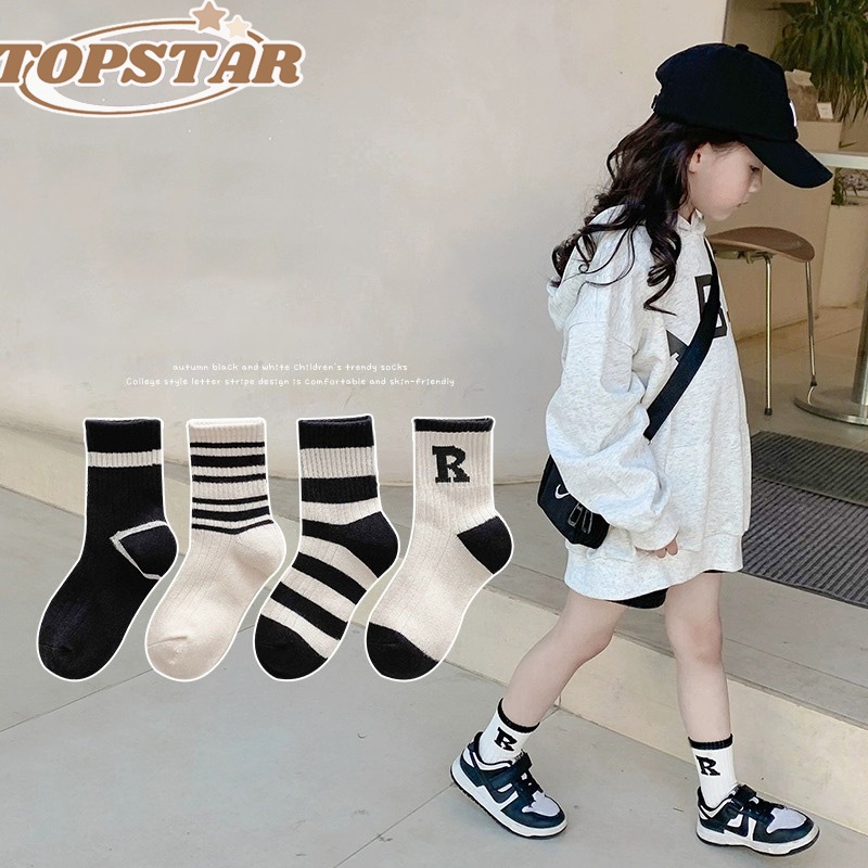 TOPSTAR···Gửi hàng ngay✨Vớ cotton Cổ Vừa Họa Tiết Kẻ Sọc Trắng Đen Phong Cách Hàn Quốc Thời Trang Cho Bé Trai Và Gái