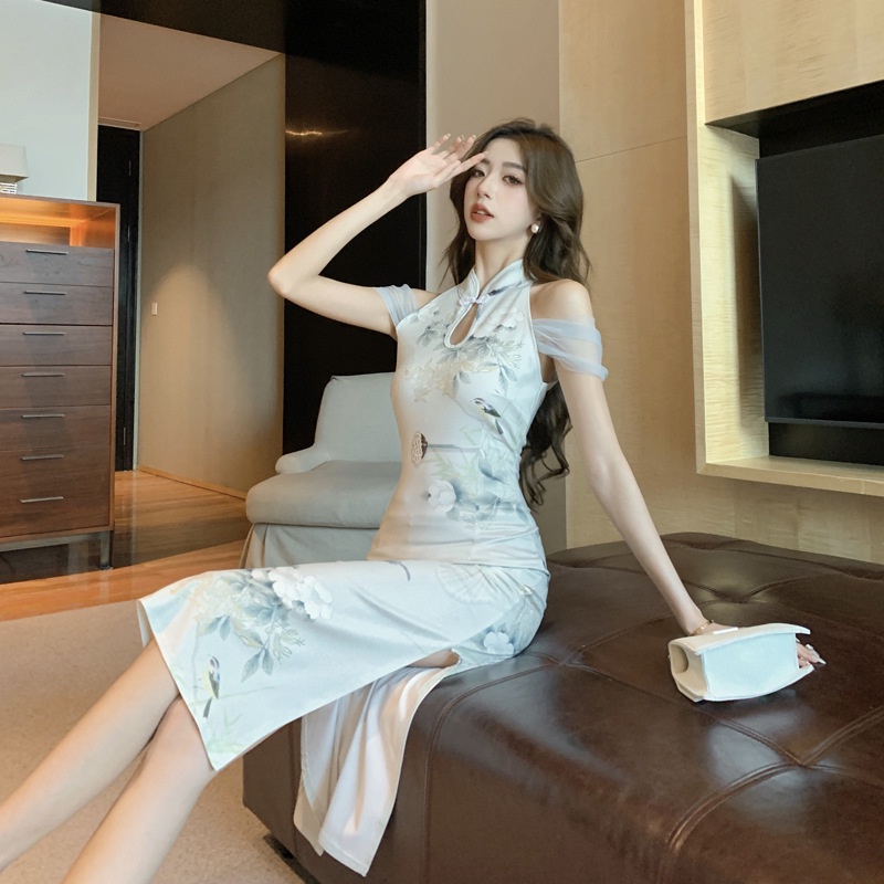 Đầm Sườn Xám Cách Tân Phối Lưới Phong Cách Trung Hoa Thời Trang Quyến Rũ 2023 8g7c