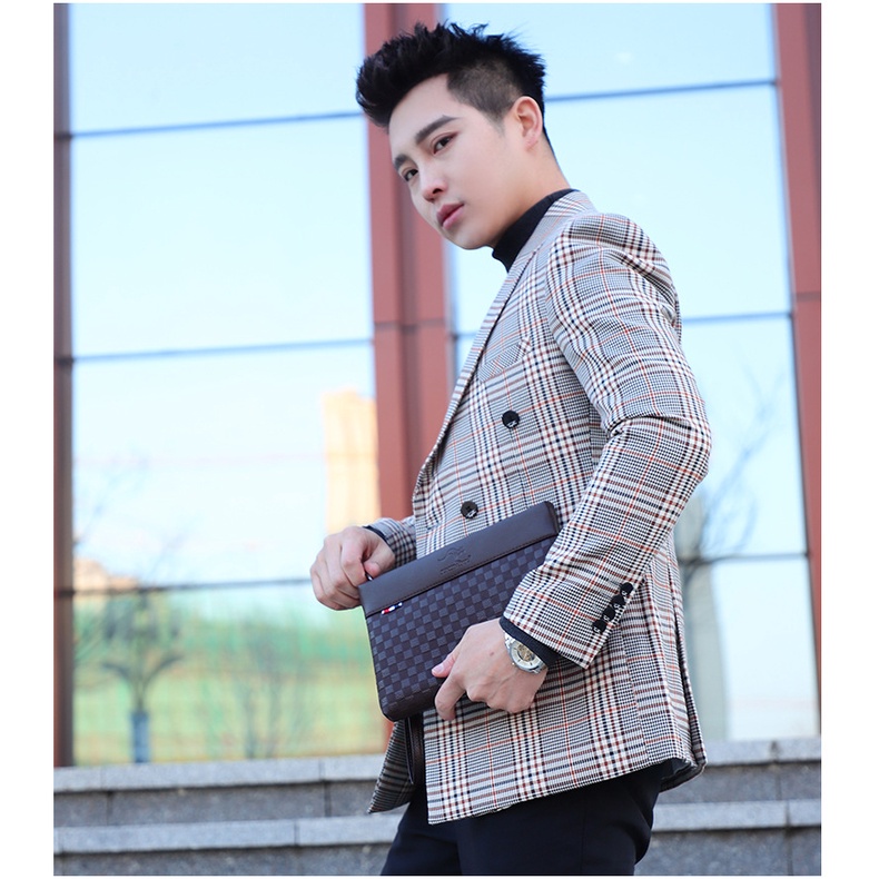 Ví cầm tay nam da cao cấp dạng hộp bảng lớn caro Mờ Màu Trơn KR11