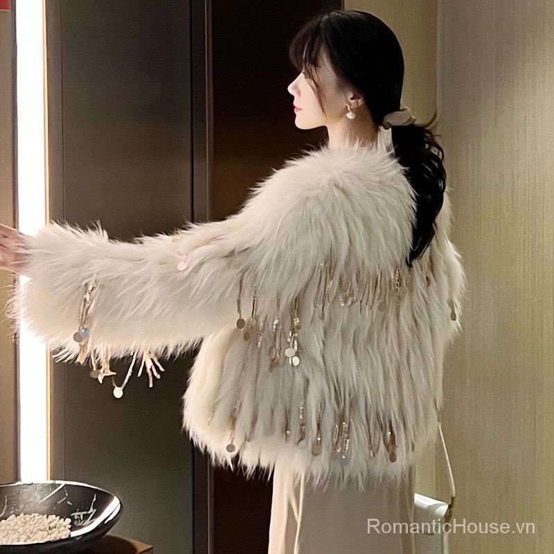 Áo Khoác Lông Cáo Cao Cấp Dáng Ngắn Phối Tua Rua Thời Trang Mùa Đông 2022