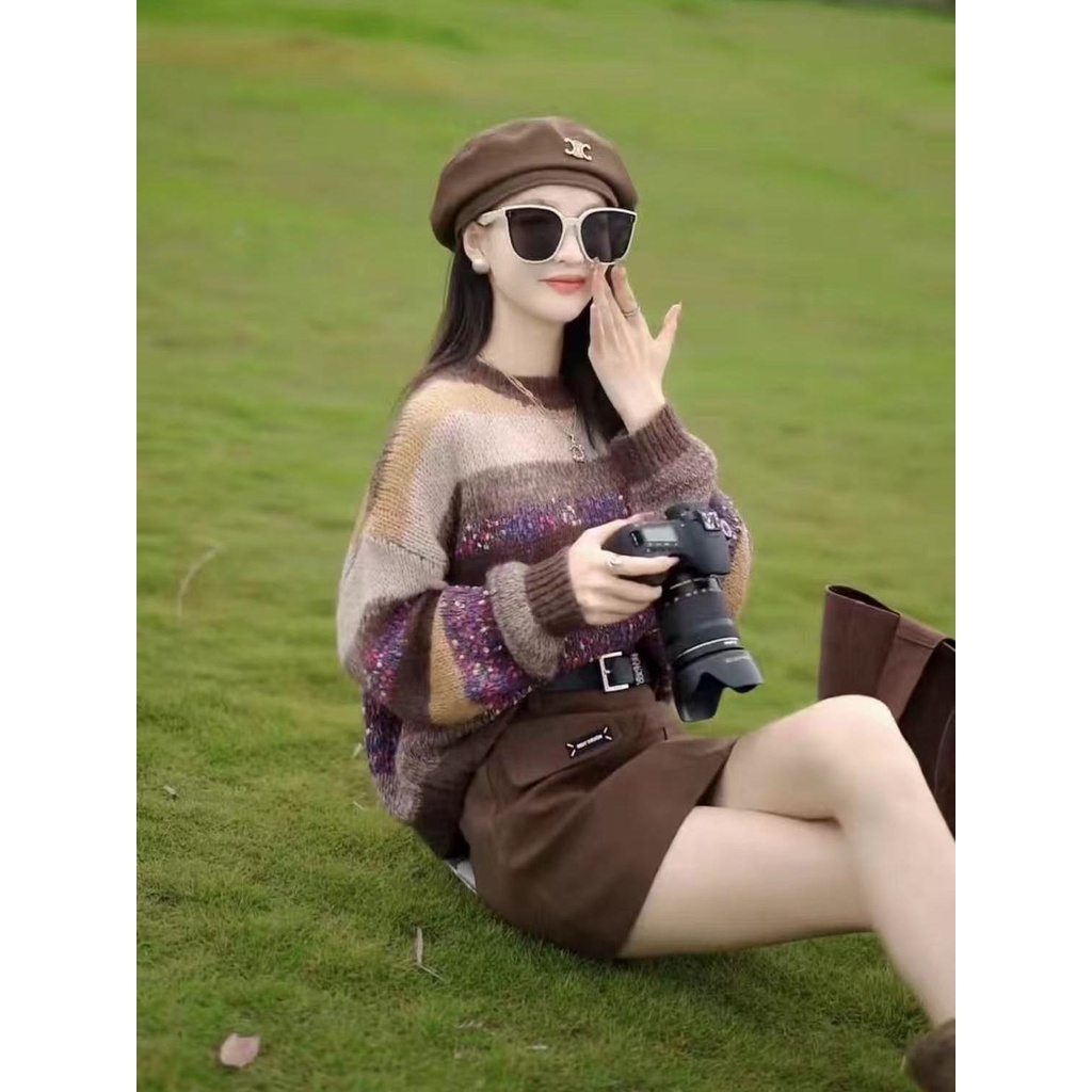 Áo sweater Dáng Rộng Màu Tương Phản Thời Trang Thu Đông 2023 Cho Nữ